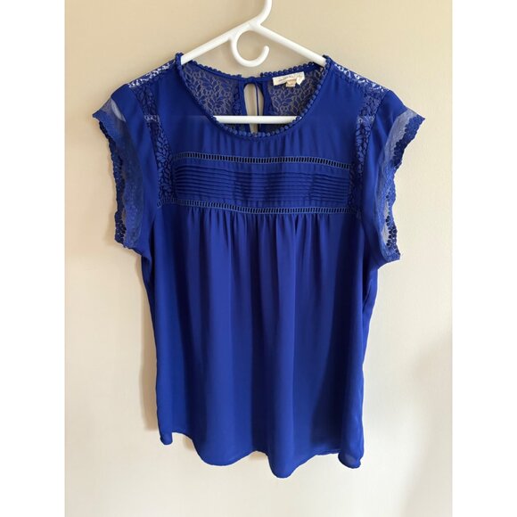 Anthropologie Meadow Rue Royal Blue Lace Pintuck Boho Romantic Blouse Large - Picture 2 of 12